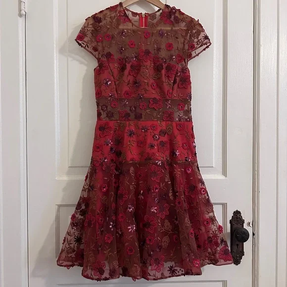 Bronx and Banco Della Rouge Mini Dress Red Floral Sheer Embellished Sz Medium 6 - Picture 2 of 12